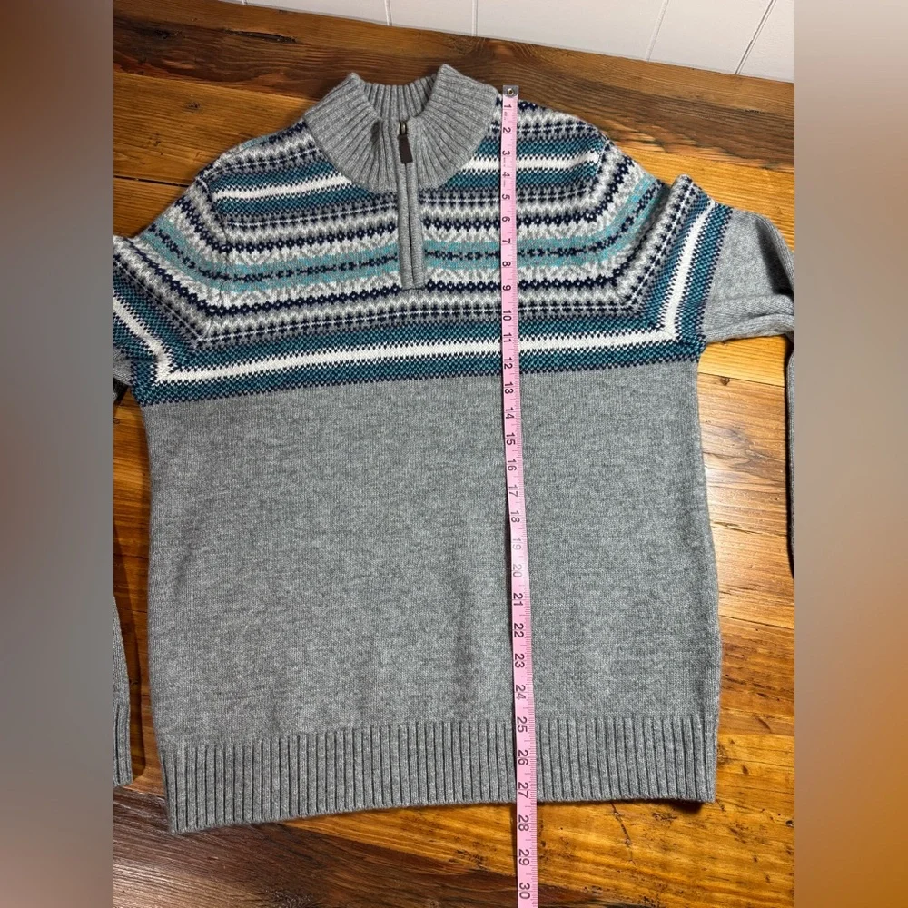 Lands End Men’s Fair Isle Quarter Zip Gray, blue, cotton wool blend Size M 38-40